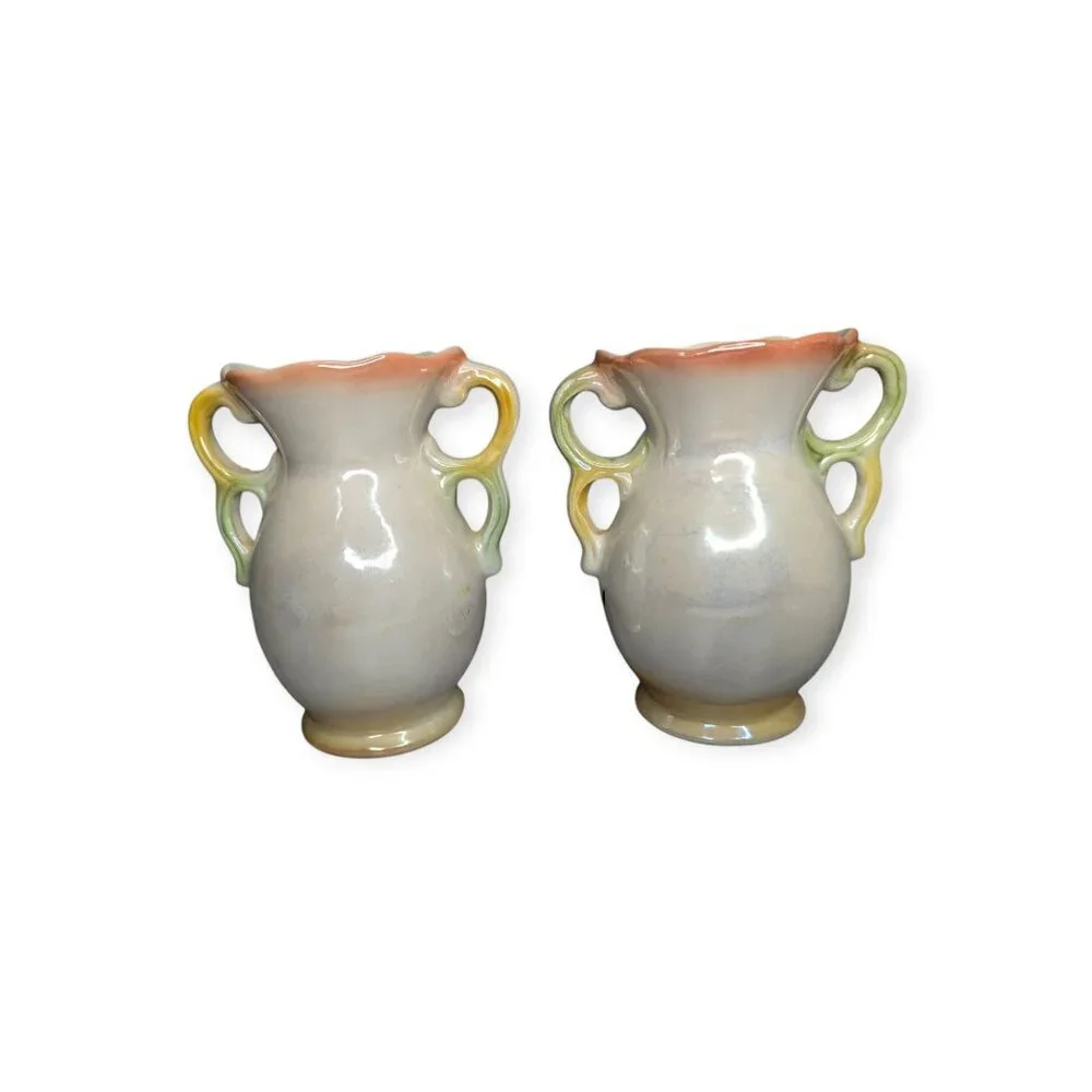 Vintage Ceramic Lusterware Floral Double Handle Vase Brazil Set of 2 5